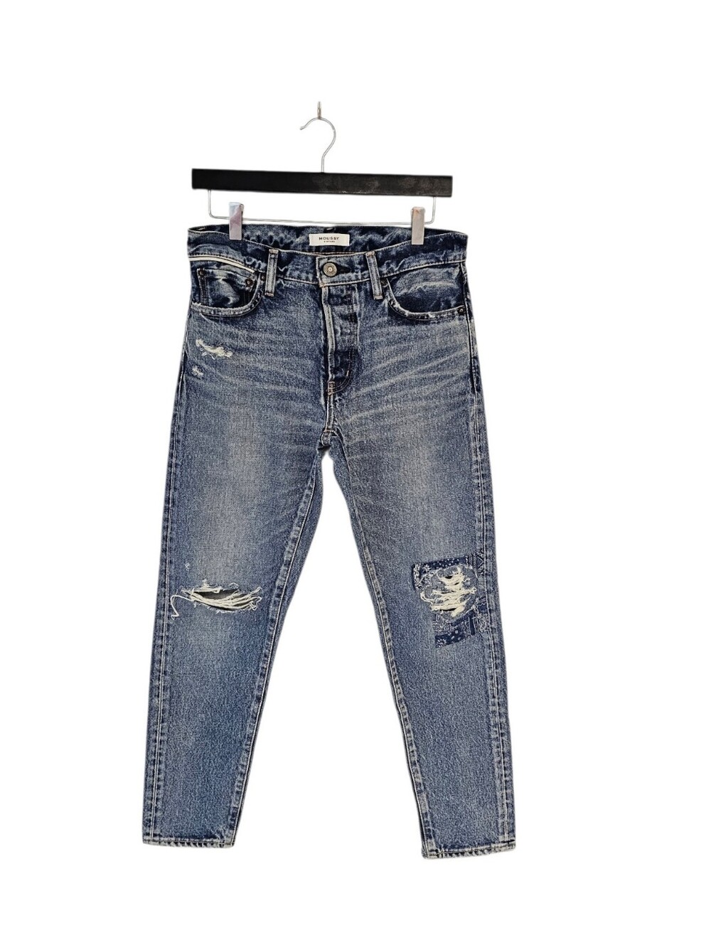Moussy Vintage 100% Cotton Mid Patchwork Y2K Distressed Skinny Blue Jeans 27